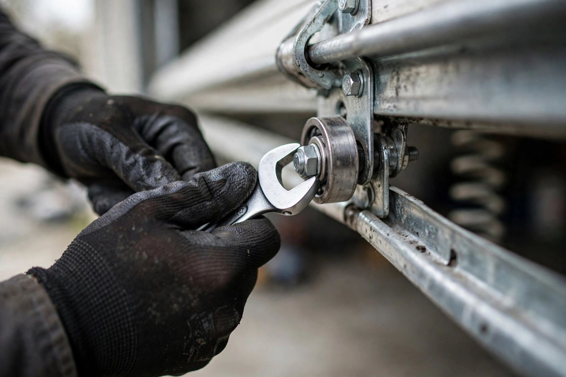 Technician’s hands repairing garage door hardware