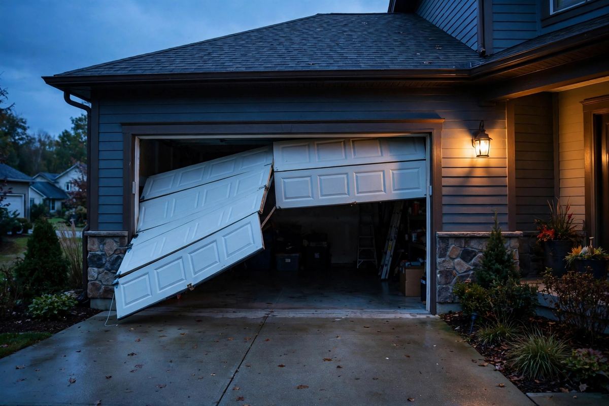 Garage door stuck half open at dusk
