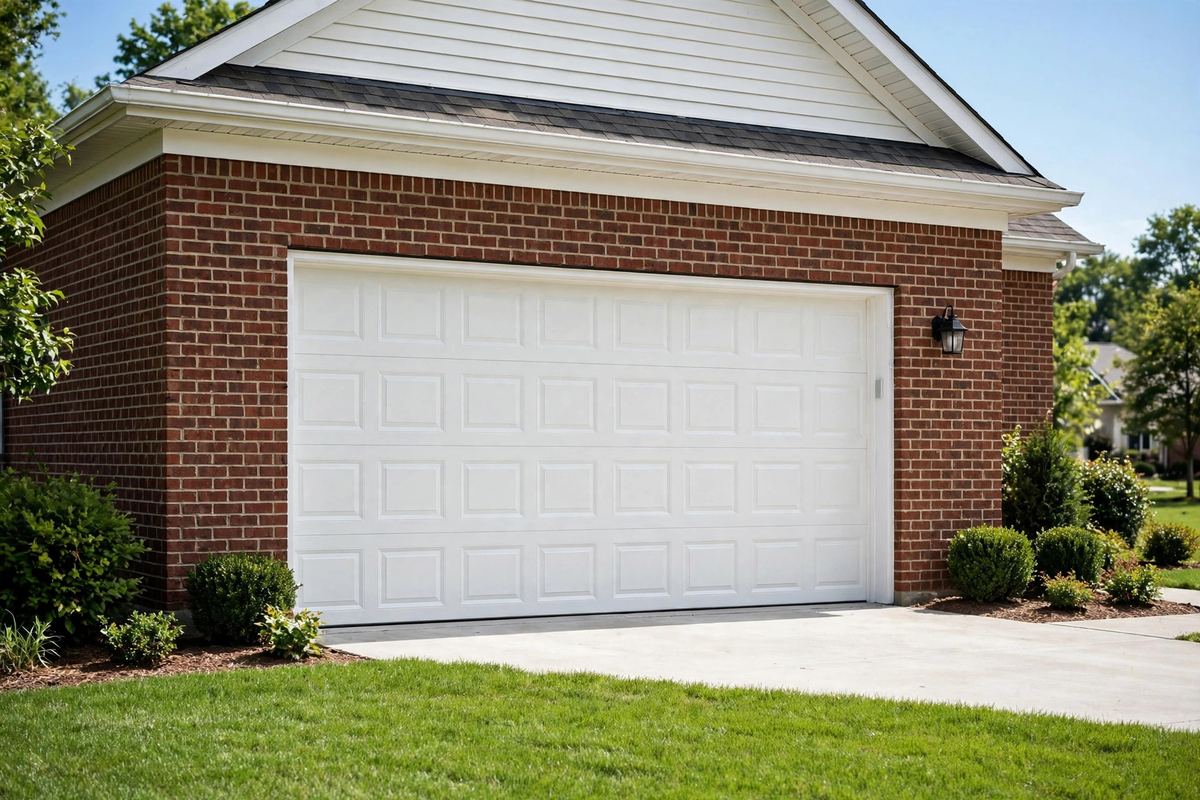 New white garage door installed on a brick home