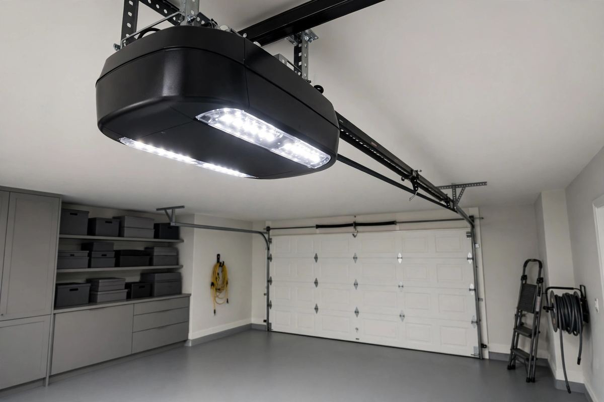 Modern garage door opener motor on a garage ceiling