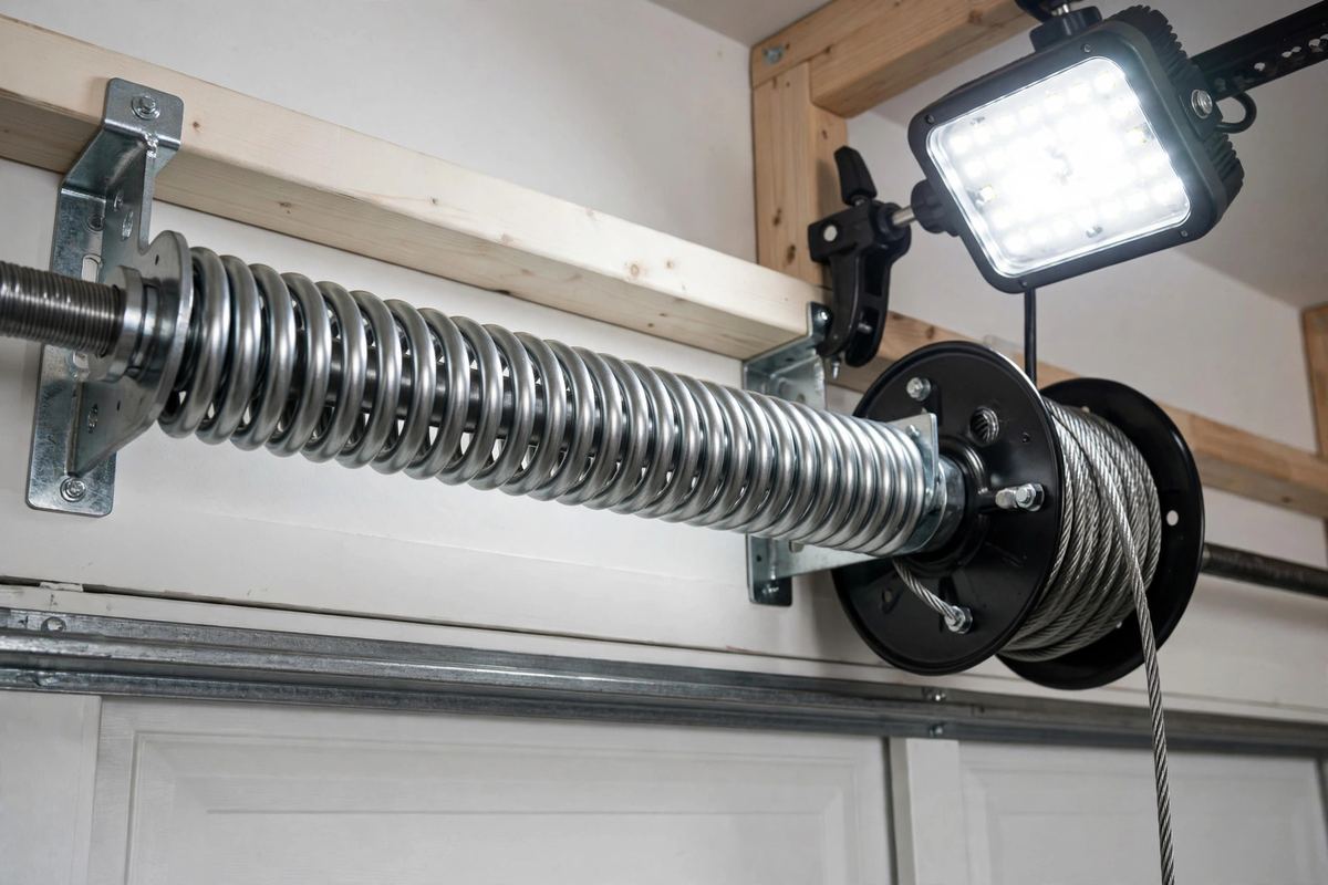 New torsion spring hardware above a garage door